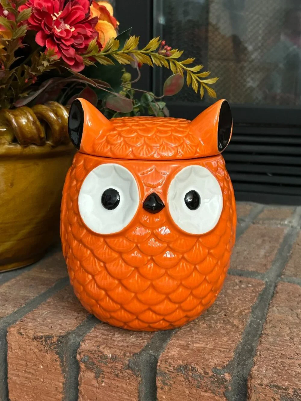 Orange Ceramic Owl Cookie Jar Canister w Lid Fall Halloween Decor 7.75